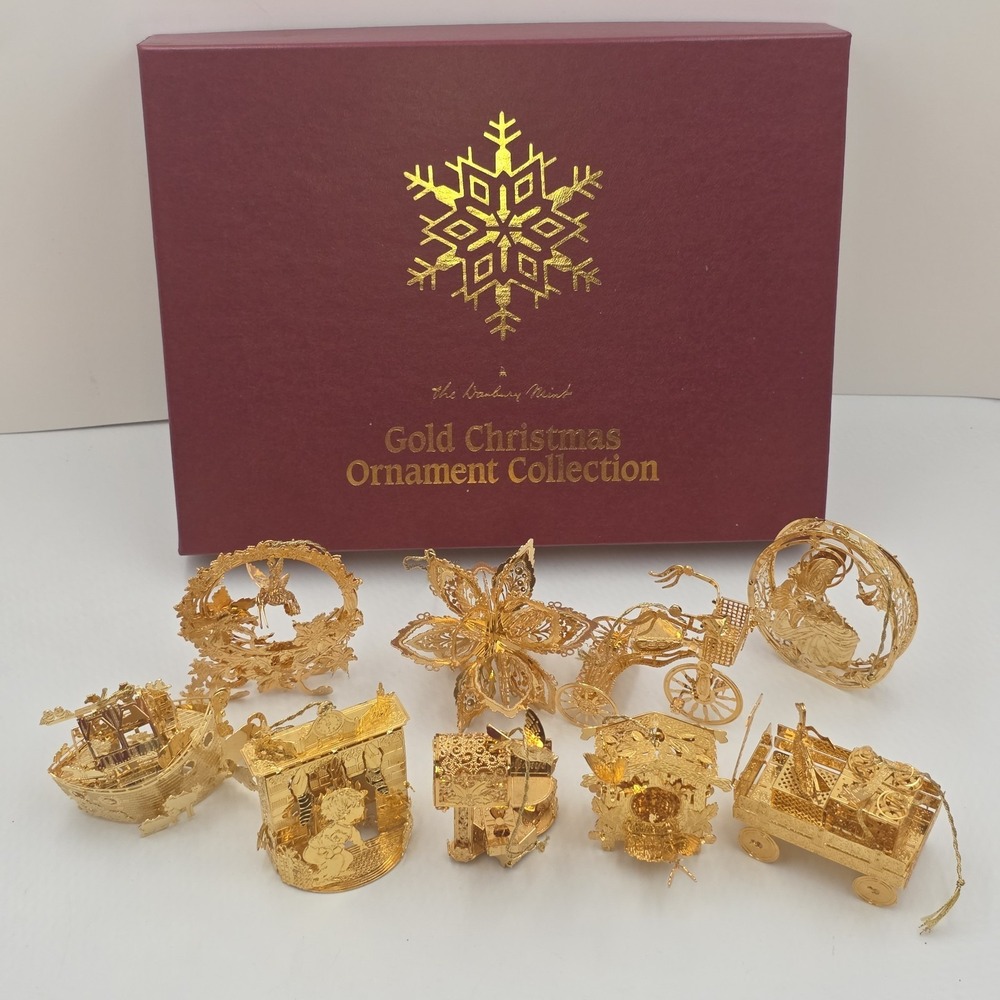 2001 Danbury Mint 23KT Gold Plated Christmas Ornament Collection 9 PcBox 3D